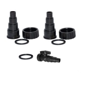 2st In / Utloppskopplingar 1 1/2″ Bioclear inkl packningar + anslutning med kran