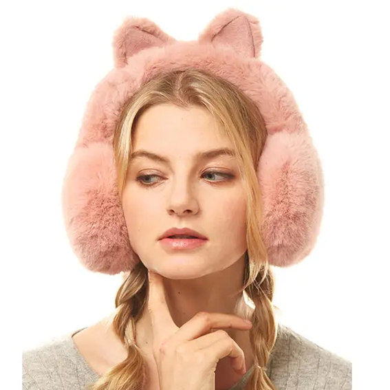 Öronvärmare – Pink – Faux Fur med Kattöron - Bild 2